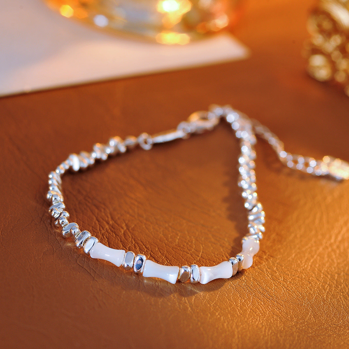 Bamboo Knot Silver Fragment Bracelet for Women New Chinese Style Versatile Retro Design Mother-of-Pearl Beaded Necklace