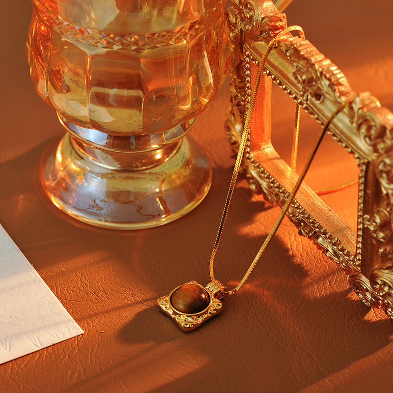 Milad Natural Tiger Eye Stone Necklace Pearl Sweater Chain Light Luxury High-End Feel Autumn Winter Versatile New Hot Item