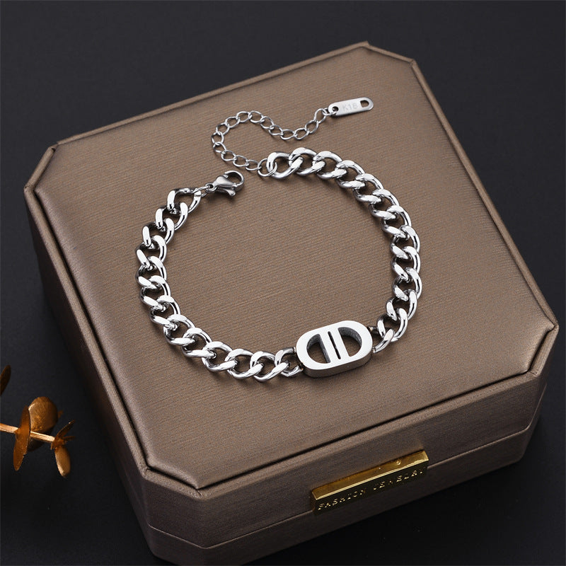 Heavy Industry High-Quality Thick Chain Gold Letter Titanium Steel Necklace for Women European and American Ins Internet Celebrity Hip-Hop Short Clavicle Chain Bracelet