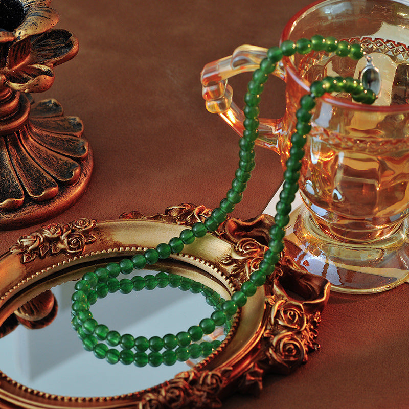 Chinese Ethnic Style Ice Transparent Green Agate Chalcedony Real Stone Beaded Simple Personality Short Necklace Clavicle Chain A10194