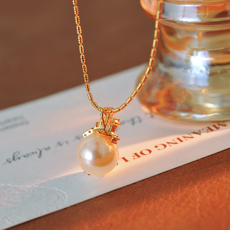 Dream Castle Princess Necklace French Court Style Shijia Pearl Collarbone Chain 18K Gold Plated Pearl Earrings Set for Women