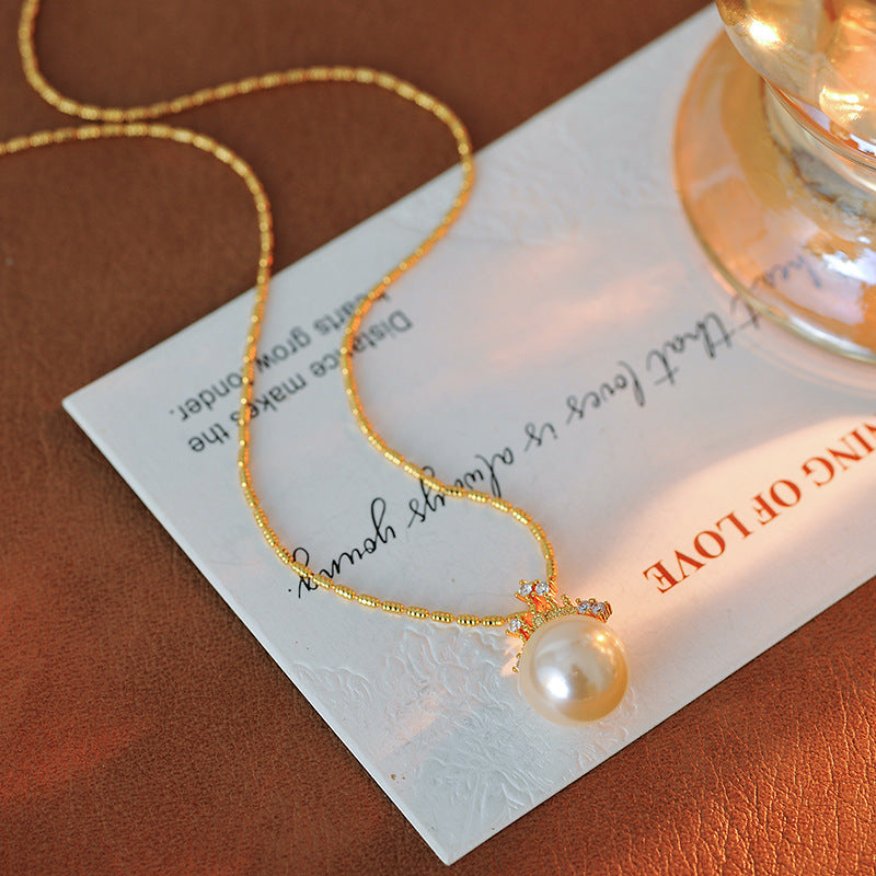 Dream Castle Princess Necklace French Court Style Shijia Pearl Collarbone Chain 18K Gold Plated Pearl Earrings Set for Women