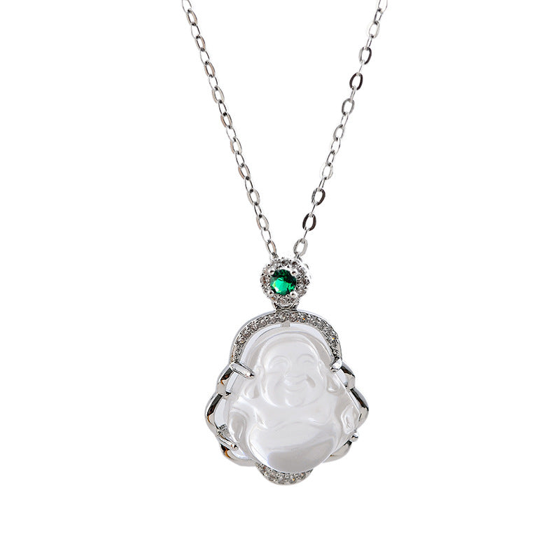 New Chinese Style Necklace for Women, White Chalcedony Miluo Buddha Necklace, Niche Summer High-end Necklace for Women