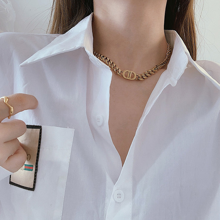 Heavy Industry High-Quality Thick Chain Gold Letter Titanium Steel Necklace for Women European and American Ins Internet Celebrity Hip-Hop Short Clavicle Chain Bracelet