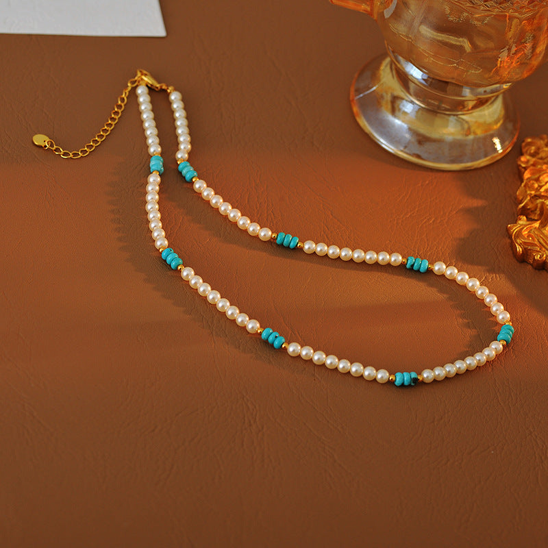 Tea White Retro Pearl Necklace for Women, Light Luxury Niche High-end Turquoise Elegant Layered Collarbone Chain Necklace