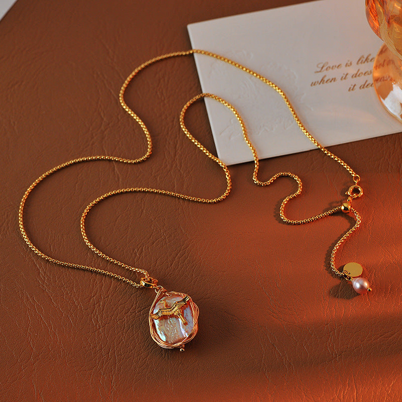 New Chinese Style Crane Baroque Freshwater Pearl Necklace Vintage Palace Long High-end Crane Pendant Sweater Chain