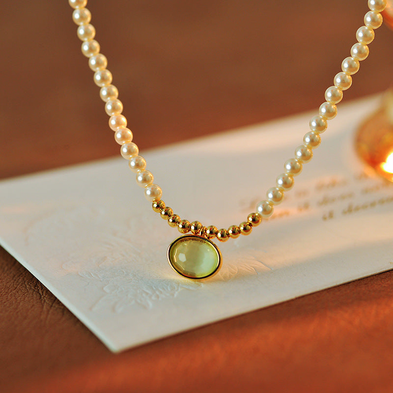 Korean Version Xiaomi Pearl Necklace New Cat's Eye Stone Pendant Light Luxury Niche Autumn Winter Accessory One Piece