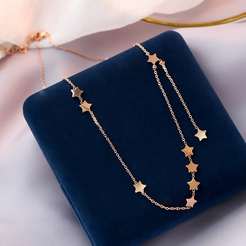 Korean Version Simple Elegant Five-Pointed Star Internet Celebrity Necklace for Women Titanium Steel Non-Fading Exquisite Collarbone Chain Versatile Minimalist Style