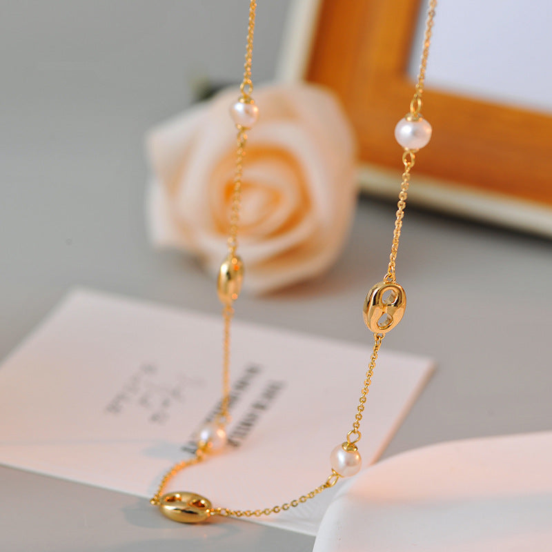 Real Gold Plated Pig Nose Pearl Necklace Fashion Versatile Collarbone Chain Light Luxury High-end Sense Jewelry