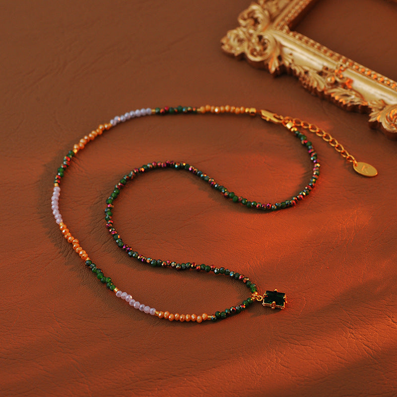 New Simple Colorful Zircon Handmade Beaded Necklace for Women Versatile Elegant Shiny Rainbow Collarbone Chain