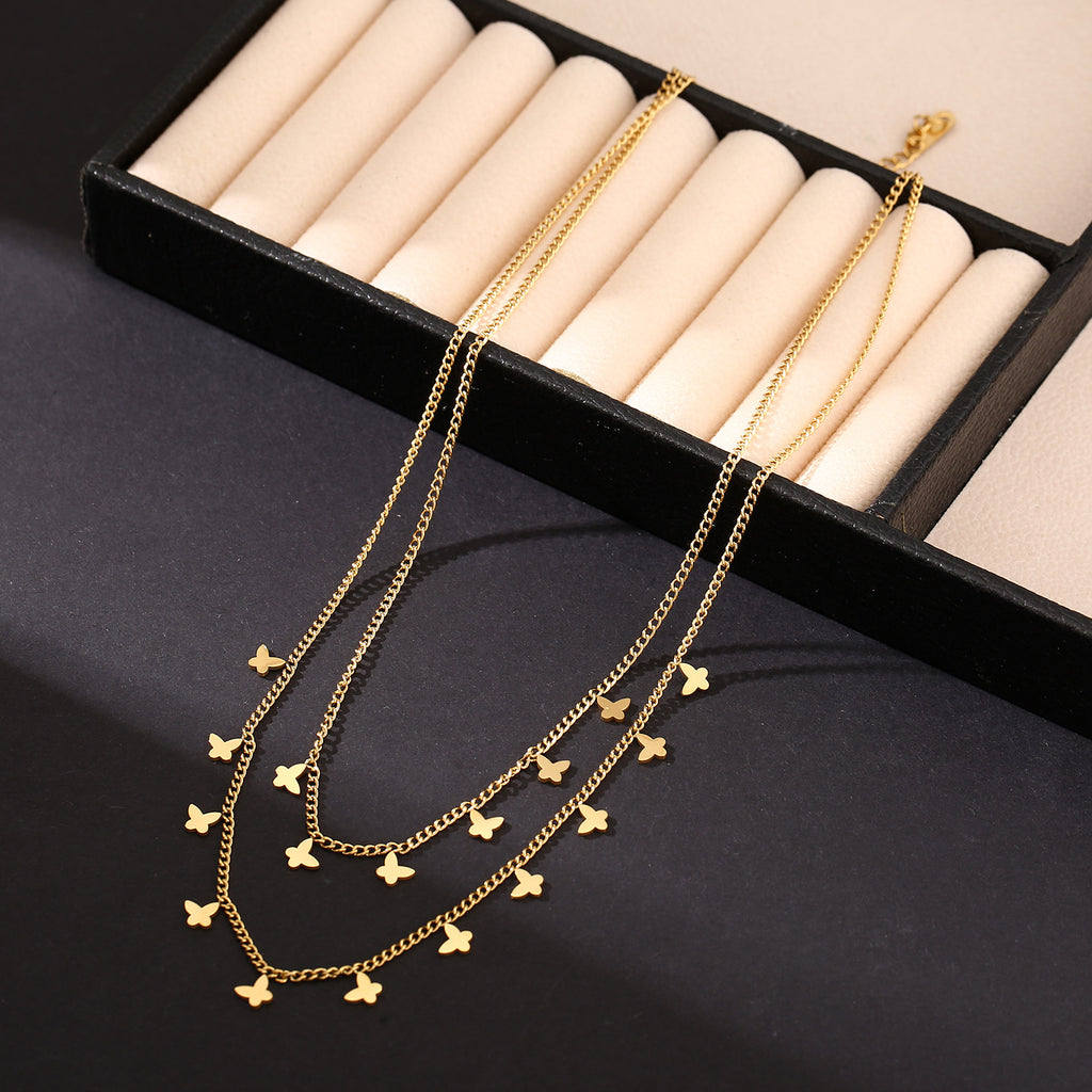 Design Sense Double Layer Butterfly Necklace 2025 New Trend High-end Titanium Steel Non-fading Versatile Collarbone Chain Necklace