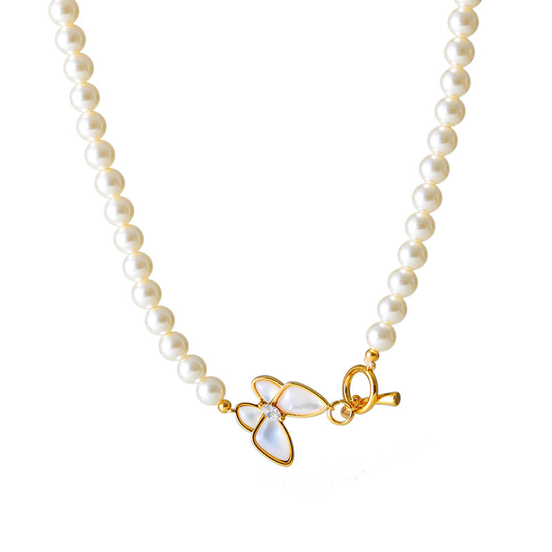 European and American INS Fashion New OT Buckle Butterfly Shell Pearl Necklace for Women Versatile High-end Light Luxury Exquisite Choker