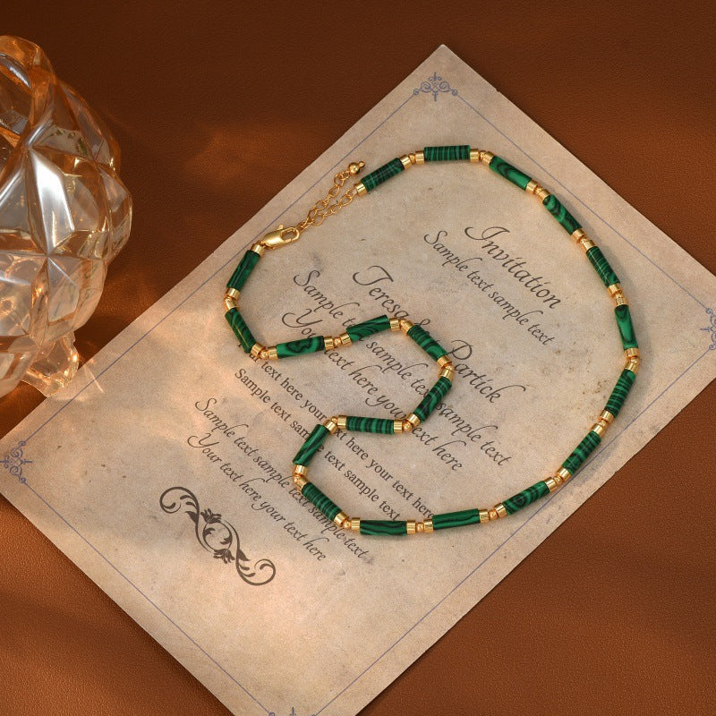 Natural Malachite Beaded Necklace for Women, Emerald Green Gemstone, Light Luxury Niche New Sweater Choker