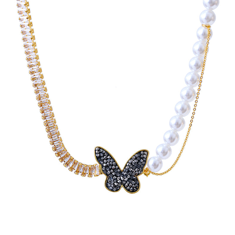 High Version Real Gold Plating Perfect Round Imitation Shijia Pearl Beaded Necklace Copper Inlaid Zircon Butterfly Hollow Necklace
