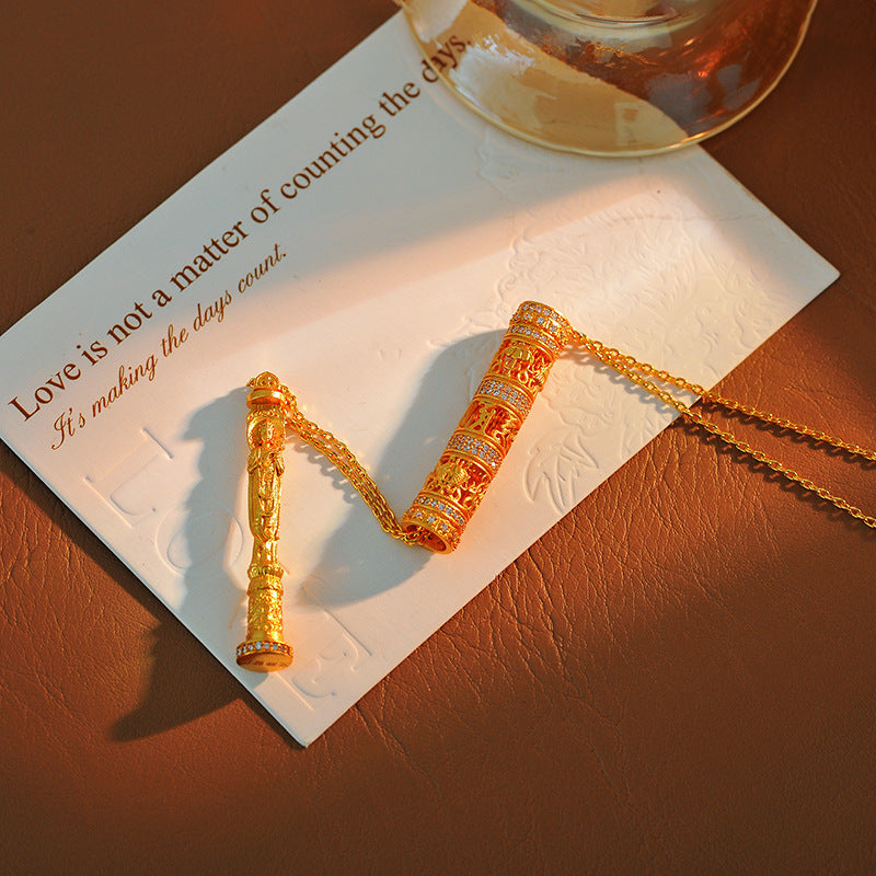 New Chinese Style Ancient Method Hollow Carved Inlaid Cylinder Necklace Eight Styles Portable Gold Buddha Necklace Prayer Wheel for Men and Women Couples