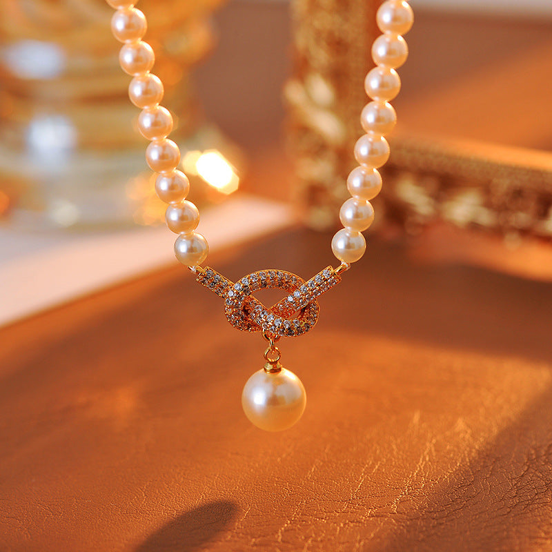 Real Gold Plated Pearl Zircon Knot Pendant Necklace Exquisite Fashionable Light Luxury High-end Feel