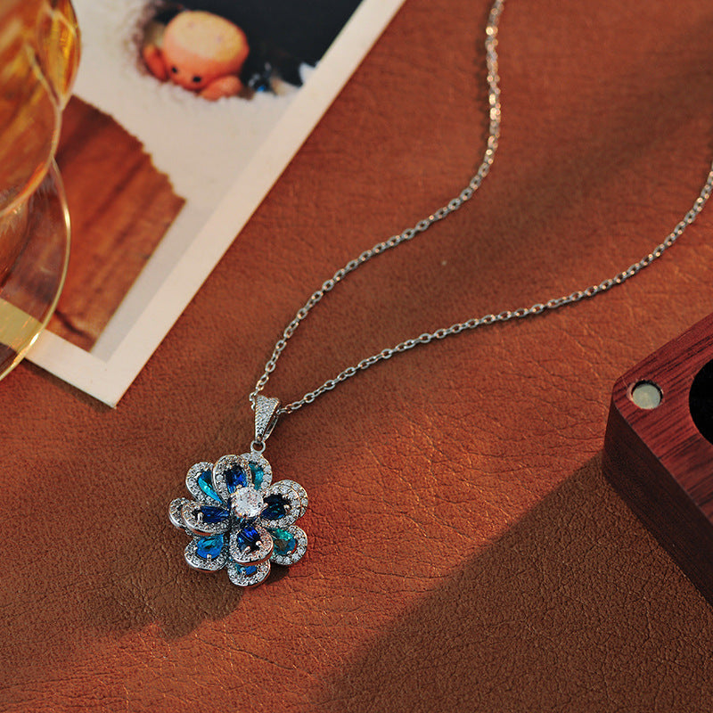 European and American Style Colorful Blue Zircon Flower Necklace Simple Three-Dimensional Camellia Pendant