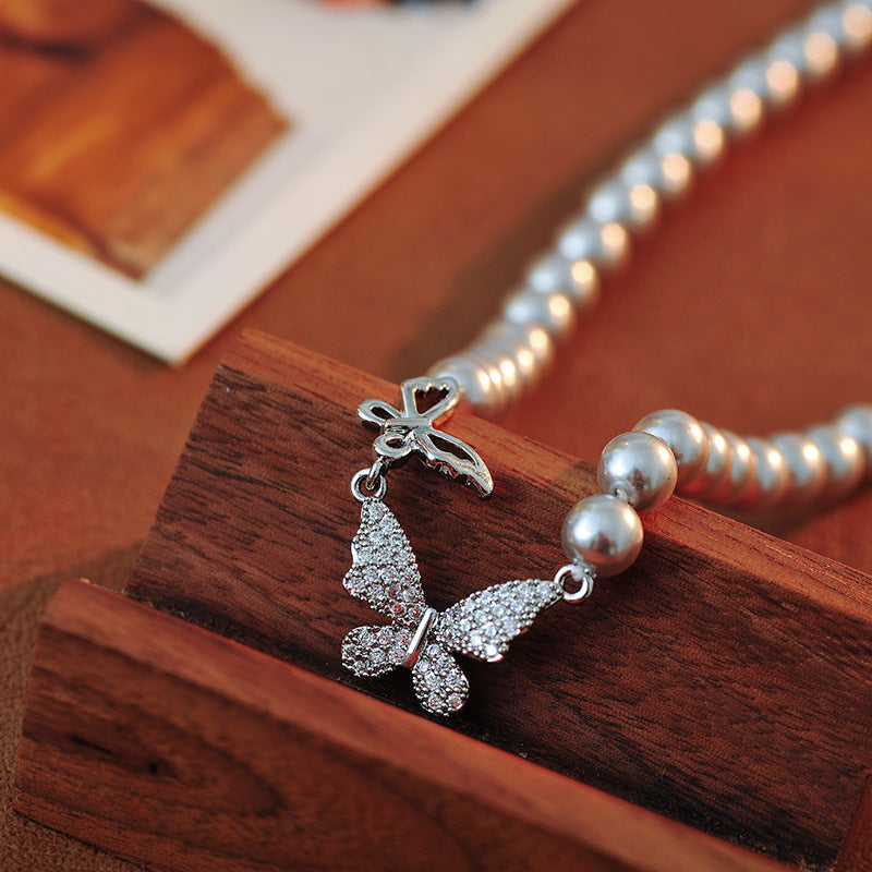 Genuine High-Grade Silver Gray Australian White Full Zircon Silver Butterfly Clasp Full Pearl Necklace Freshwater Pearl