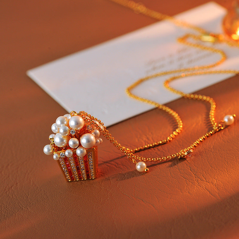 European and American Sparkling Colored Diamond Large and Small Pearl Three-Dimensional Popcorn Shape Creative Personality Necklace for Women