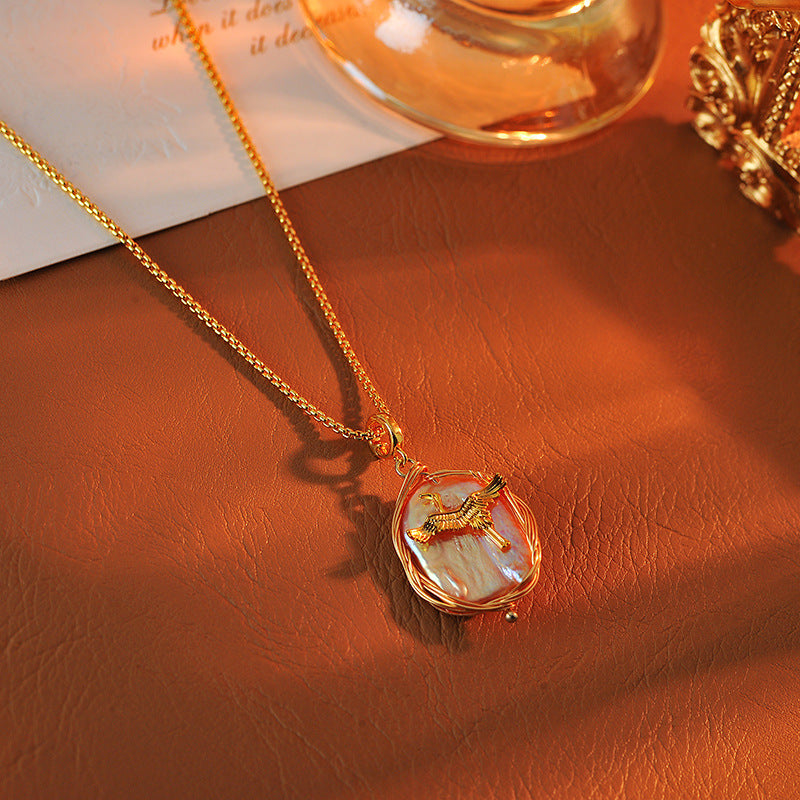 New Chinese Style Crane Baroque Freshwater Pearl Necklace Vintage Palace Long High-end Crane Pendant Sweater Chain