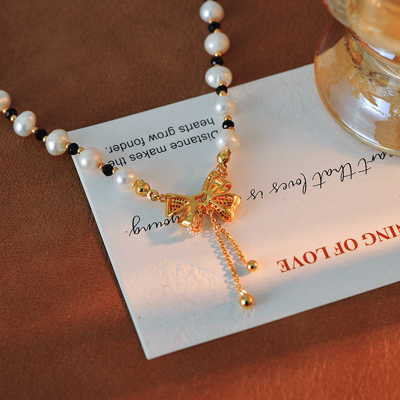 Trendy Bowknot Beaded Necklace for Women, Unique Design, Sweet and Versatile Collarbone Chain, Super Fairy