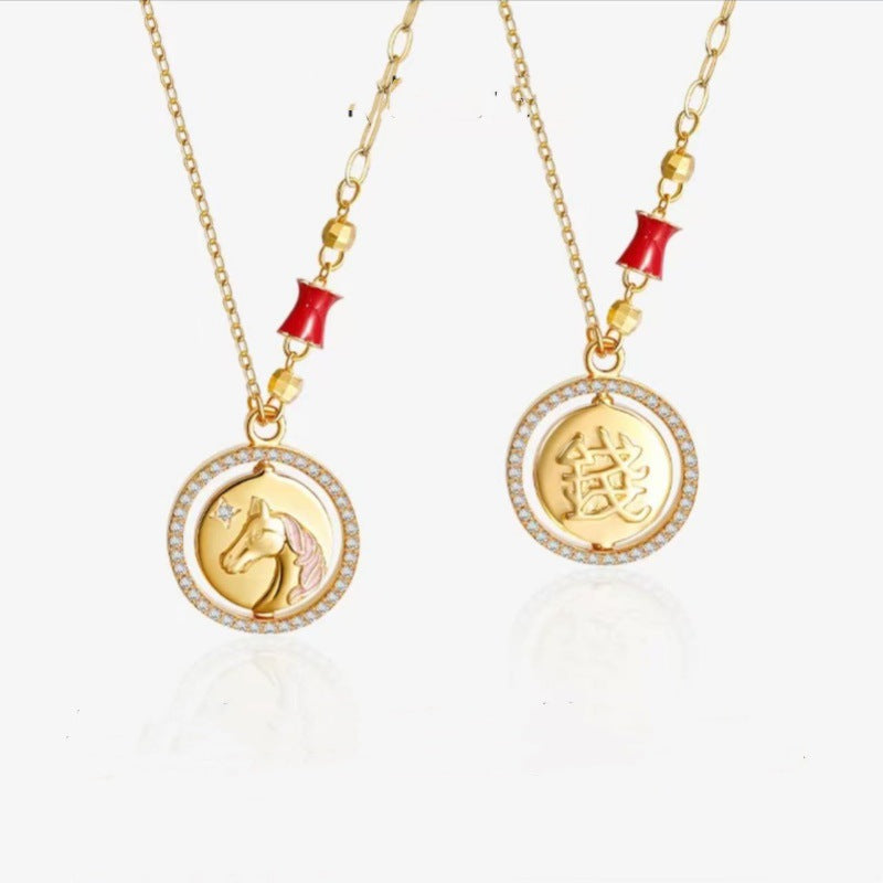 New Chinese Style Pure Silver Pony Necklace Zodiac Pendant Pure Silver Clavicle Chain National Style Set Chain Double-Sided Wear