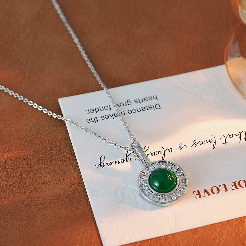 New Chinese Style Green Chalcedony Round Pendant Necklace Fashionable Commuting Versatile Elegant Personality Necklace