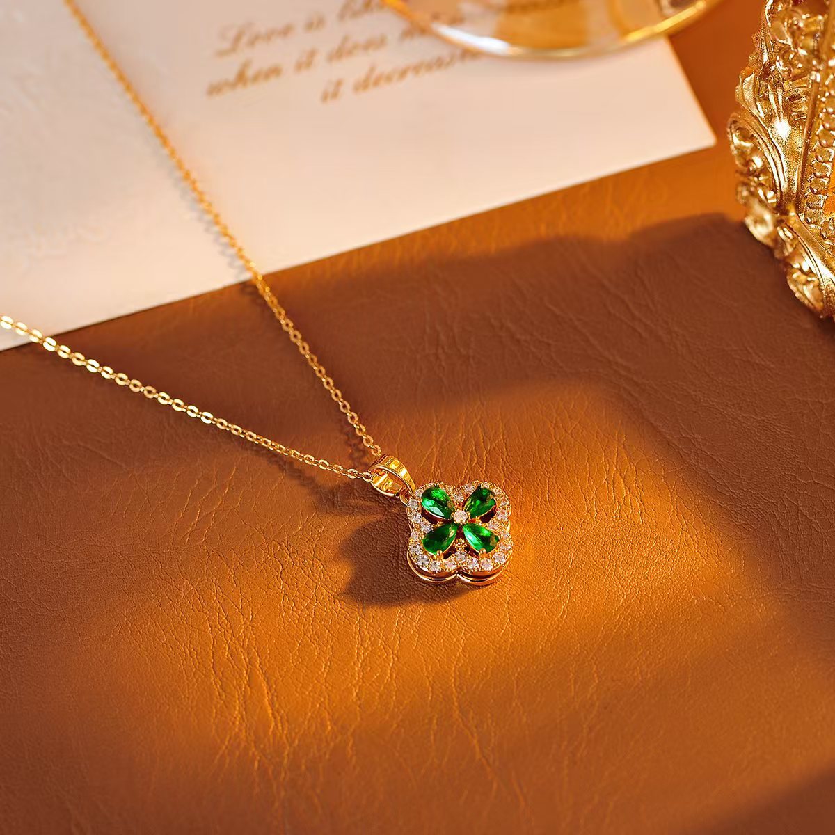 Green Four-Leaf Flower Earrings Necklace Fashionable Versatile 2025 New Earrings Necklace for Women Trendy