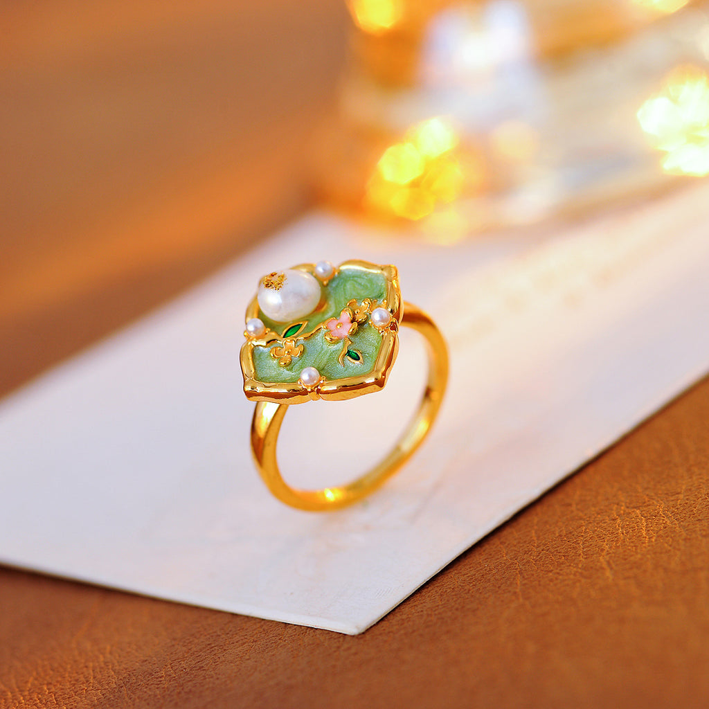 New Chinese Style Oil Drop Green Flower Necklace Niche Design Freshwater Pearl High-end Elegant Set