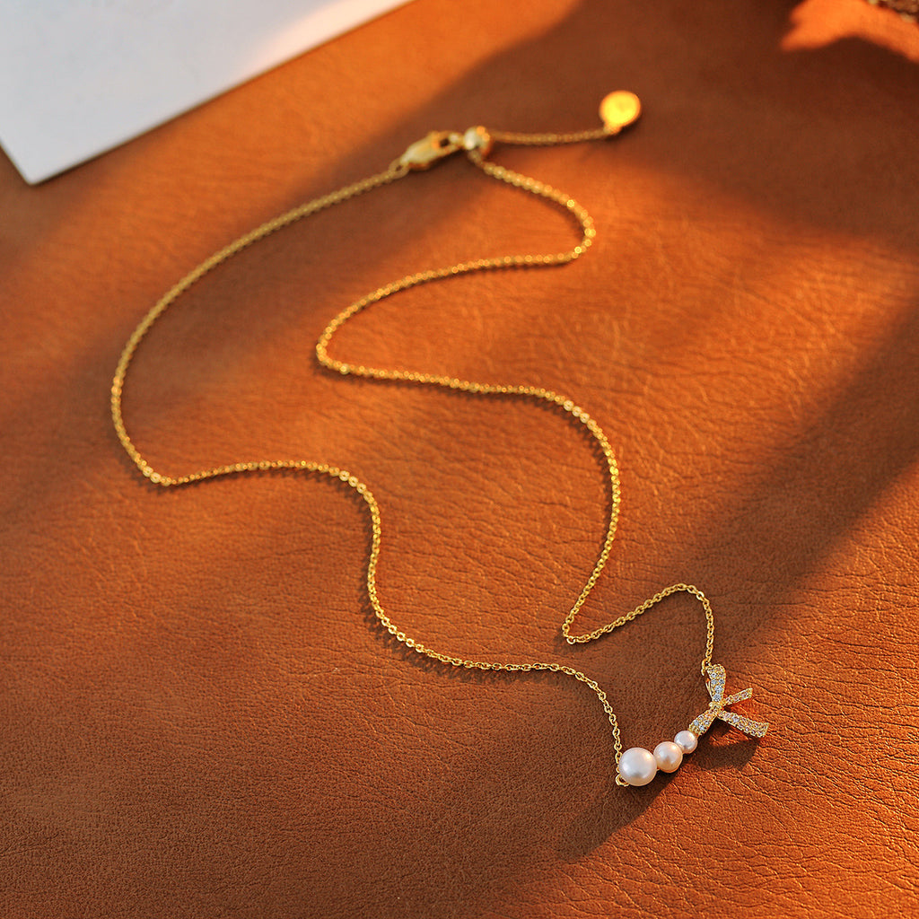 New Sweet Bow Pearl Necklace Accessories Zircon Pendant Pearl Collarbone Chain
