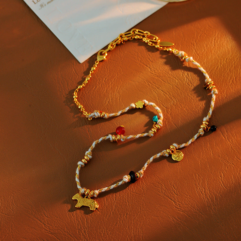 Colorful Braided Rope Pony Elephant Necklace Unique Niche Design High-end Simple Exotic Ethnic Style Layered Wear Gift