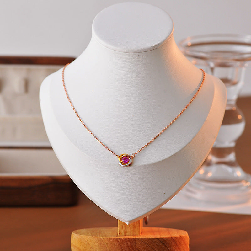 New Purple Three-Color Main Color Zircon Necklace Copper Gold-Plated Celebrity Style Clavicle Chain Light Luxury High-End Women's Neck Chain