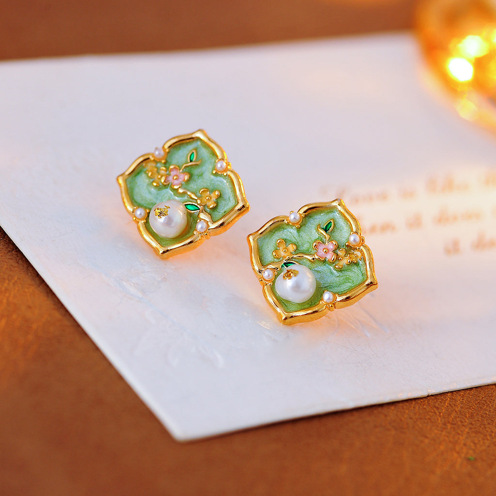 New Chinese Style Oil Drop Green Flower Necklace Niche Design Freshwater Pearl High-end Elegant Set