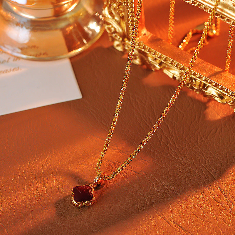2025 New Red Double-Sided Natural Shell Four-Leaf Clover Necklace for Women Sweater Chain Elegant High-End Autumn Winter