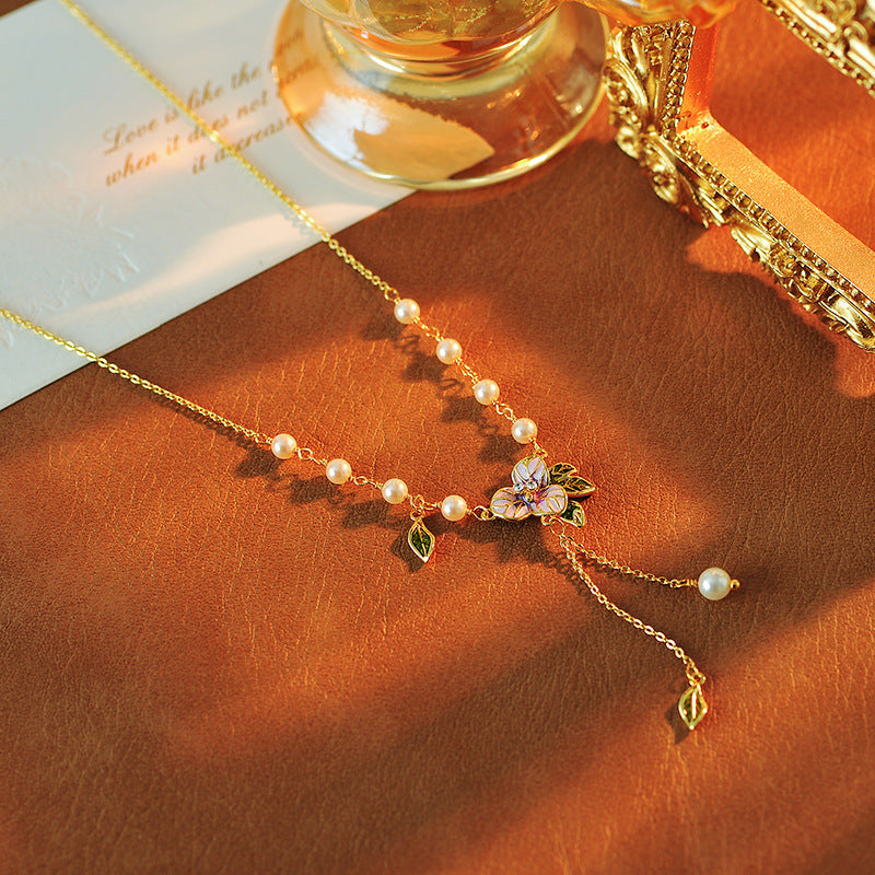 2025 Women's New Forest Style Freshwater Pearl Enamel Oil Drop Purple Flower Elegant Fashion Necklace