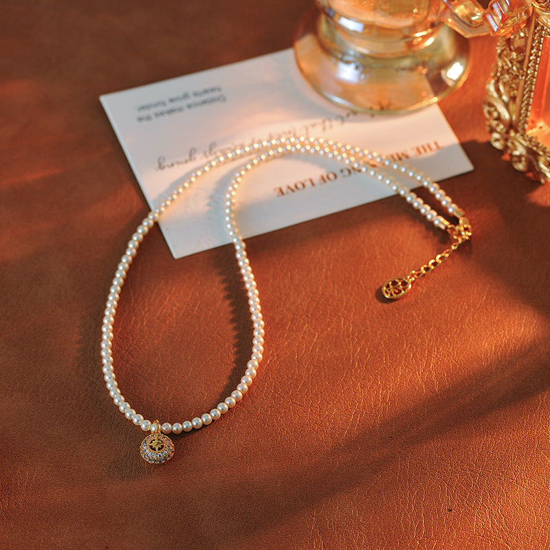 New Year Necklace Light Luxury Elegant Versatile Micro Inlaid Zircon Hollow Eight-Pointed Star Pendant Pearl Necklace for Women