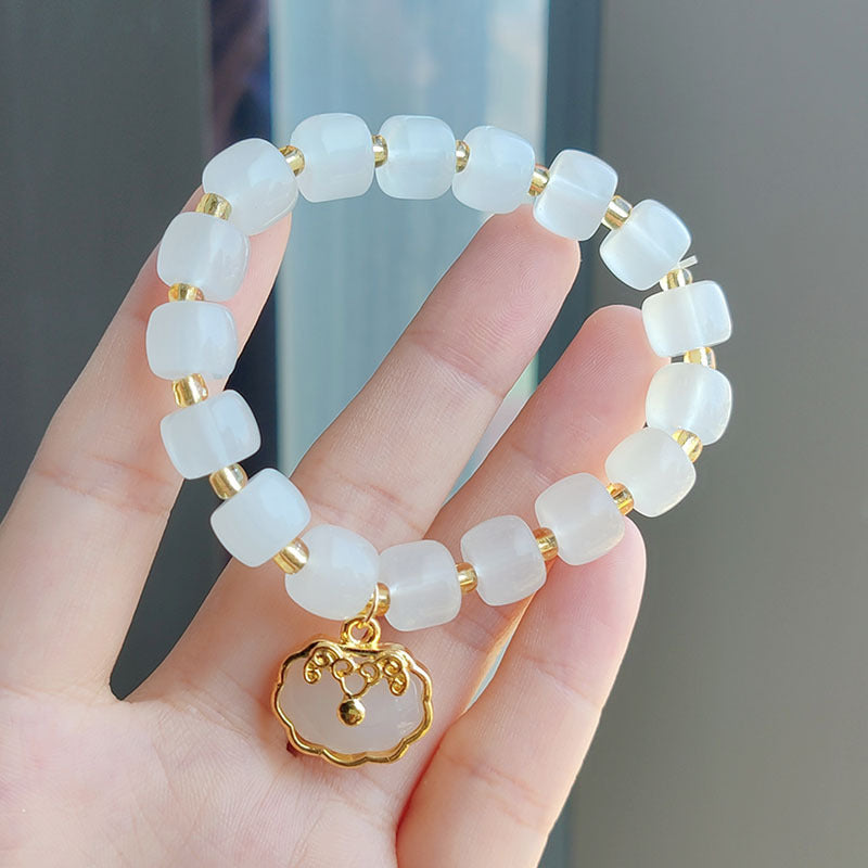 New Chinese Style National Style Imitation White Jade Bracelet for Women Fashion Jewelry Light Luxury Peace Lock Bracelet with Bowknot