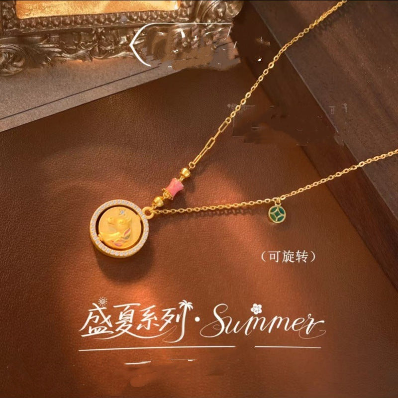 New Chinese Style Pure Silver Pony Necklace Zodiac Pendant Pure Silver Clavicle Chain National Style Set Chain Double-Sided Wear