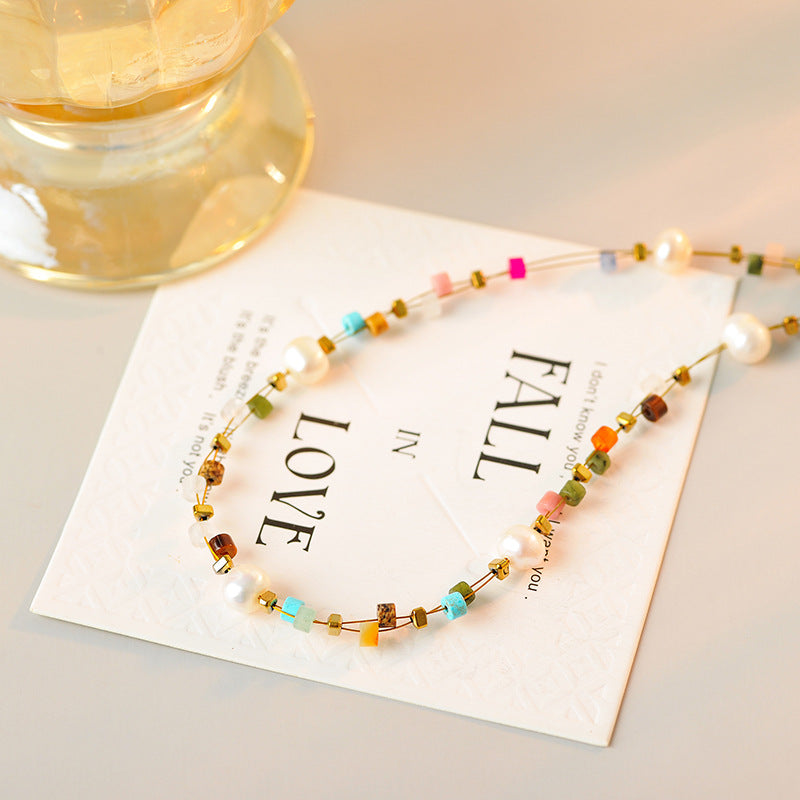 Dopamine Pearl Colorful Beaded Stone Collarbone Necklace Niche High-End Light Luxury Summer Cool Style