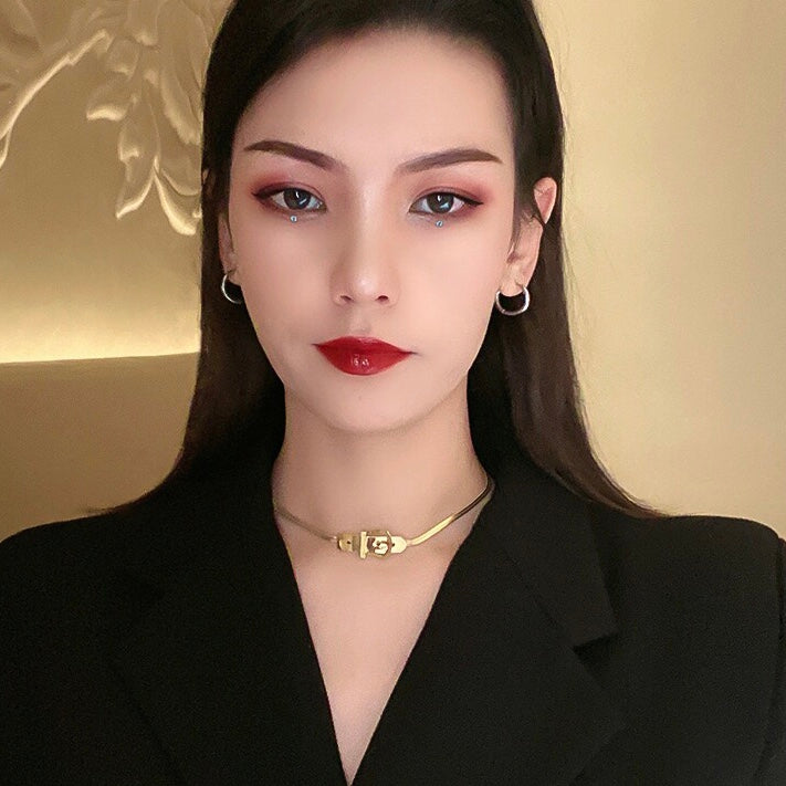 Ins Niche Design Titanium Steel Non-Fading Stylish Versatile Simple Belt Buckle Style Short Necklace Choker for Women