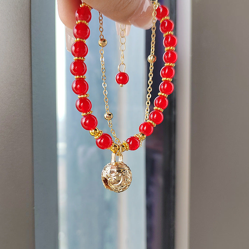 New Chinese Style Red Agate Double Layer Bell Bracelet for Women, Unique Design, Best Friend Layered Bracelet