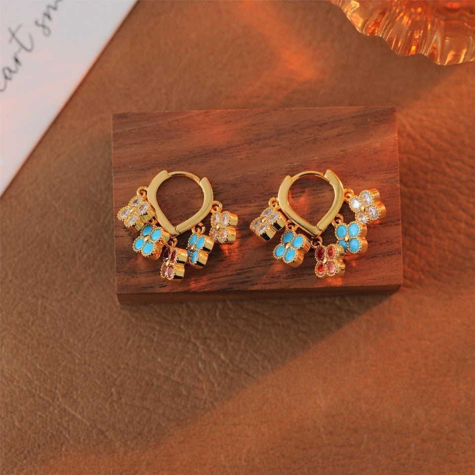 High Version European and American Trend Fresh Flower Earrings Inlaid with Colorful Small Diamonds Multi-Drop Necklace Earrings