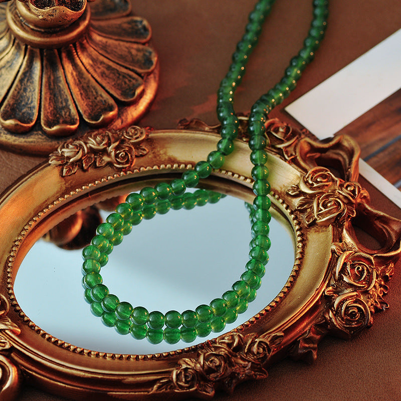 Chinese Ethnic Style Ice Transparent Green Agate Chalcedony Real Stone Beaded Simple Personality Short Necklace Clavicle Chain A10194