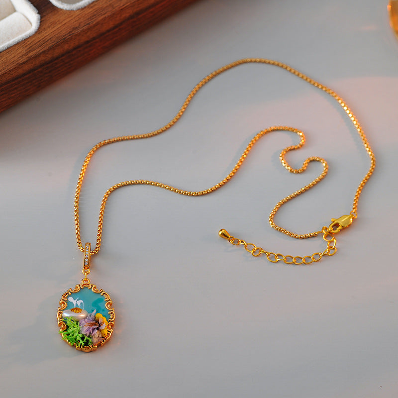 New Chinese Style Retro National Style Oil Painting Pearl Necklace Earrings Flower Fashion Collarbone Chain Pendant