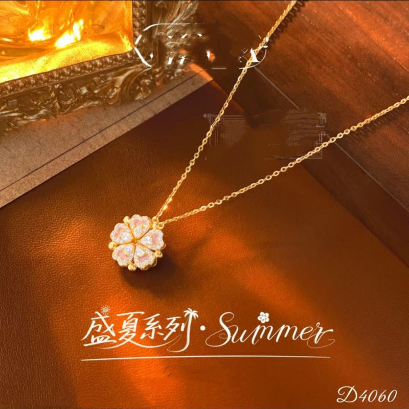 S925 Sterling Silver Four-Leaf Clover Peach Blossom Magnetic Necklace for Women, Two-Way Wear, Summer Forest Style, High-End Clavicle Chain