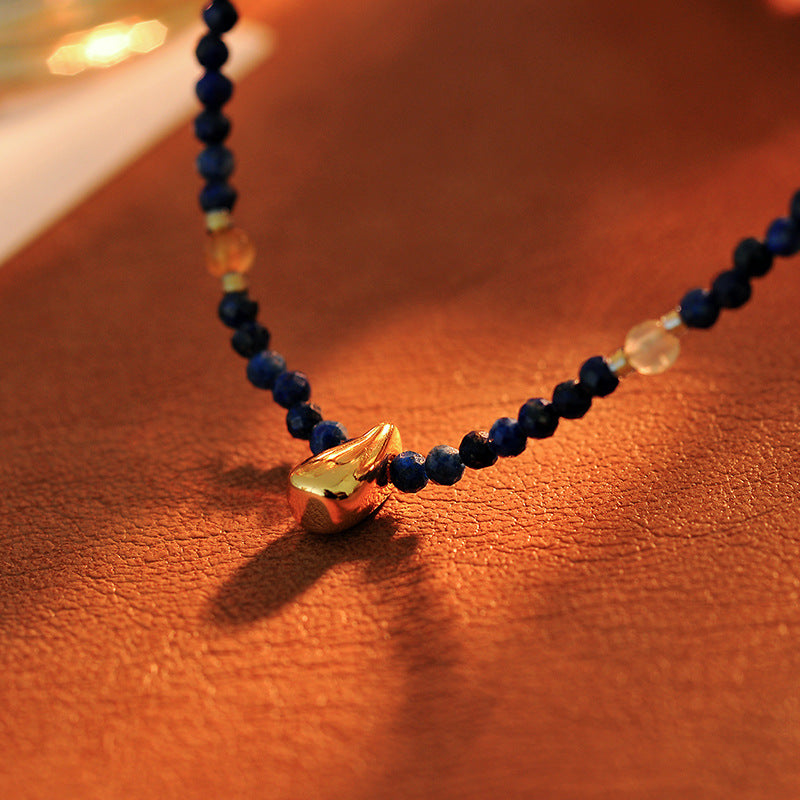 French Retro Natural Stone Beaded Necklace Niche Design Metal Water Drop Shape High-end Versatile Collarbone Chain