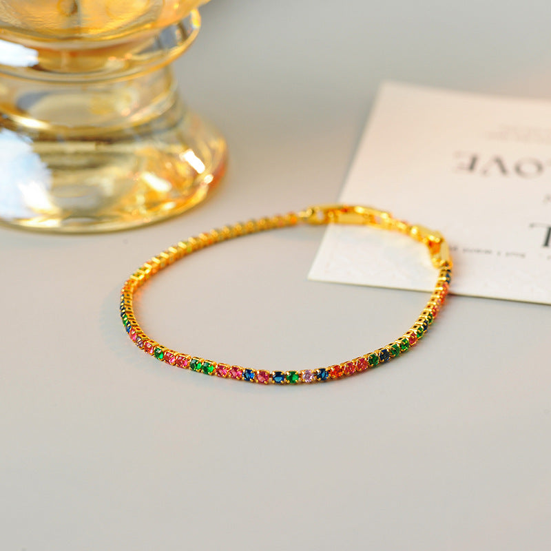 New Korean and Japanese Niche Design Fresh Colorful Zircon Brass Gold-Plated Short Thin Necklace Bracelet Collarbone Chain Set