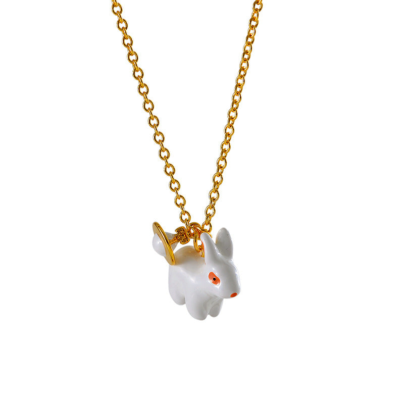 European and American Cute Creative 3D Enamel Glaze Little White Rabbit Planet Bunny Shape Necklace for Women One Piece