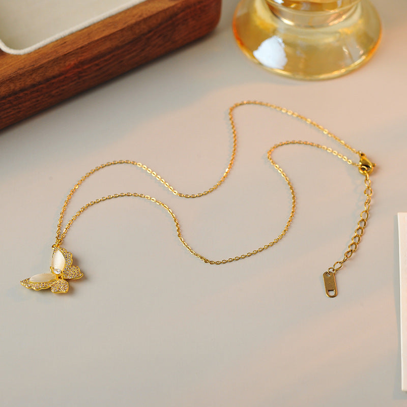 New Style Real Gold Plated Minimalist Fashion Cat's Eye Stone Butterfly Simple Elegant Necklace for Women