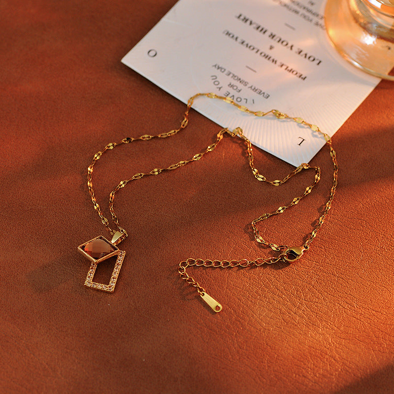 Fashion Melad Diamond-Encrusted Coffee Crystal Necklace for Women, Internet Celebrity Hot Item, Elegant Light Luxury Sweater Chain with Rectangular Pendant